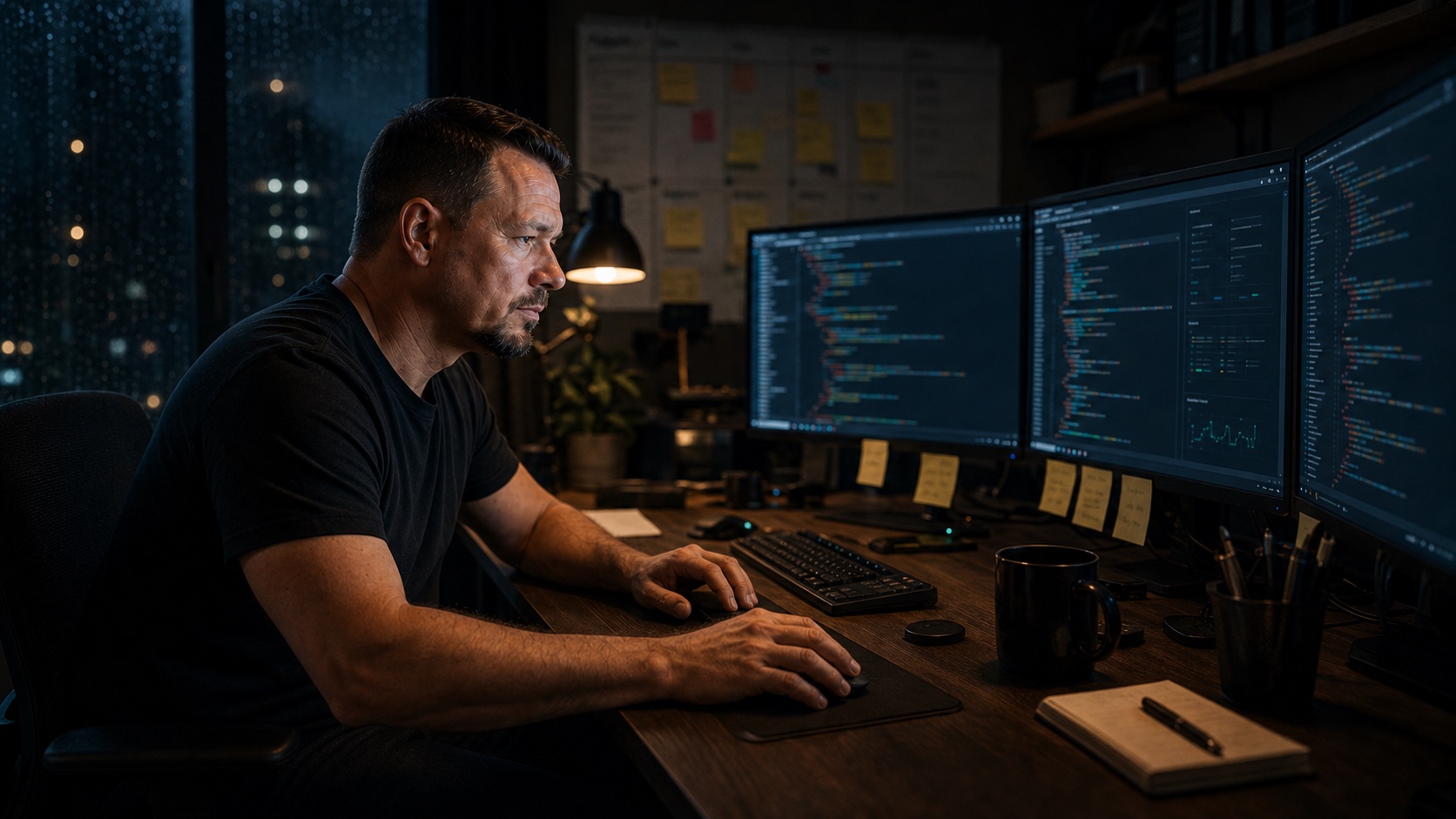 A developer working alone at night surrounded by monitors