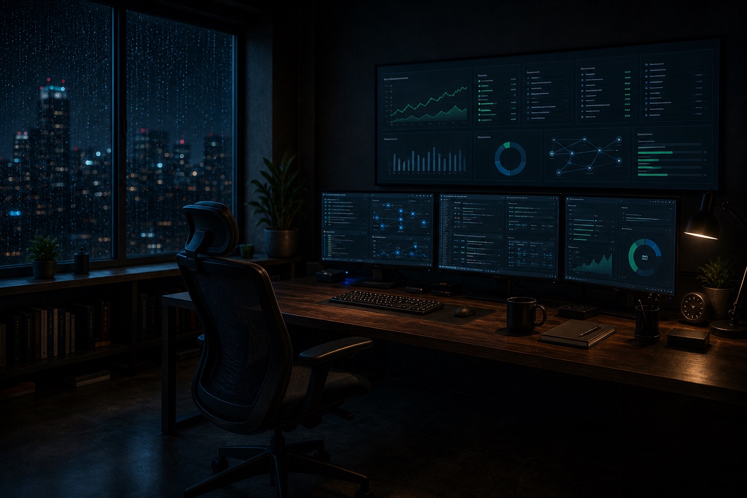 An office at night where AI agents keep working